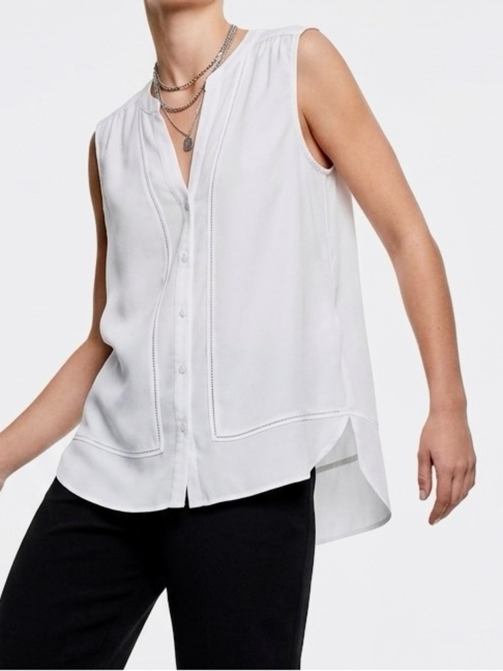 NEW YORK & CO. White Sleeveless Button-Front Top Lightweight Minimalist Blouse